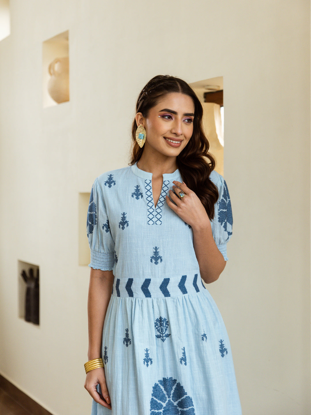 Autumn blue embroidery dress
