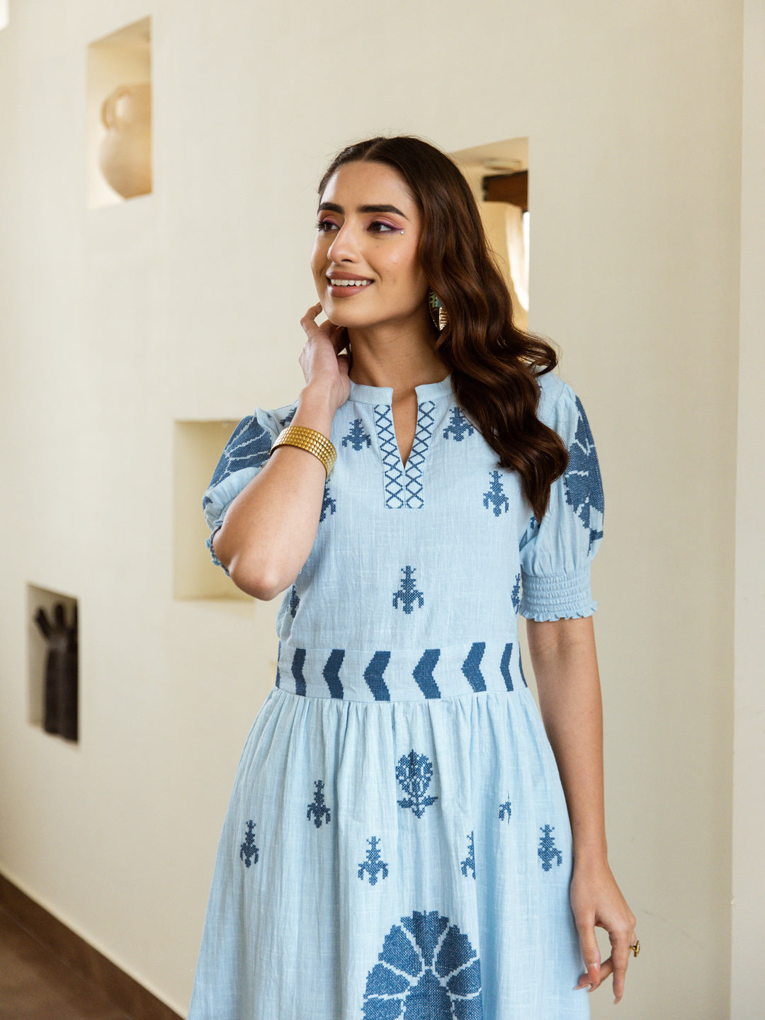 Autumn Blue Embroidery Dress