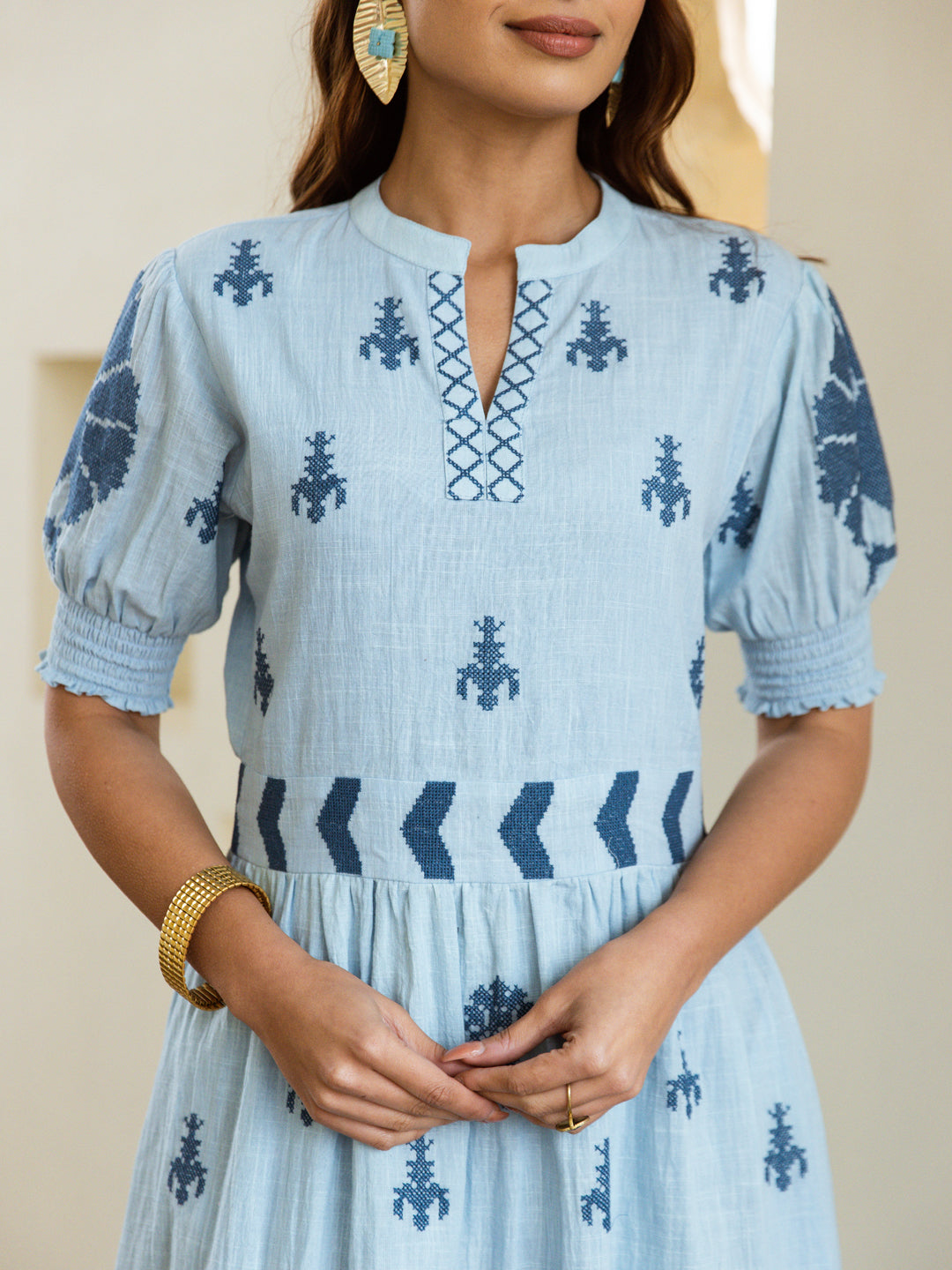 Autumn blue embroidery dress