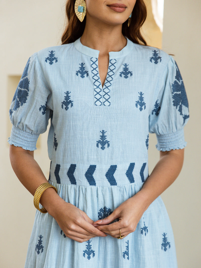 Autumn blue embroidery dress