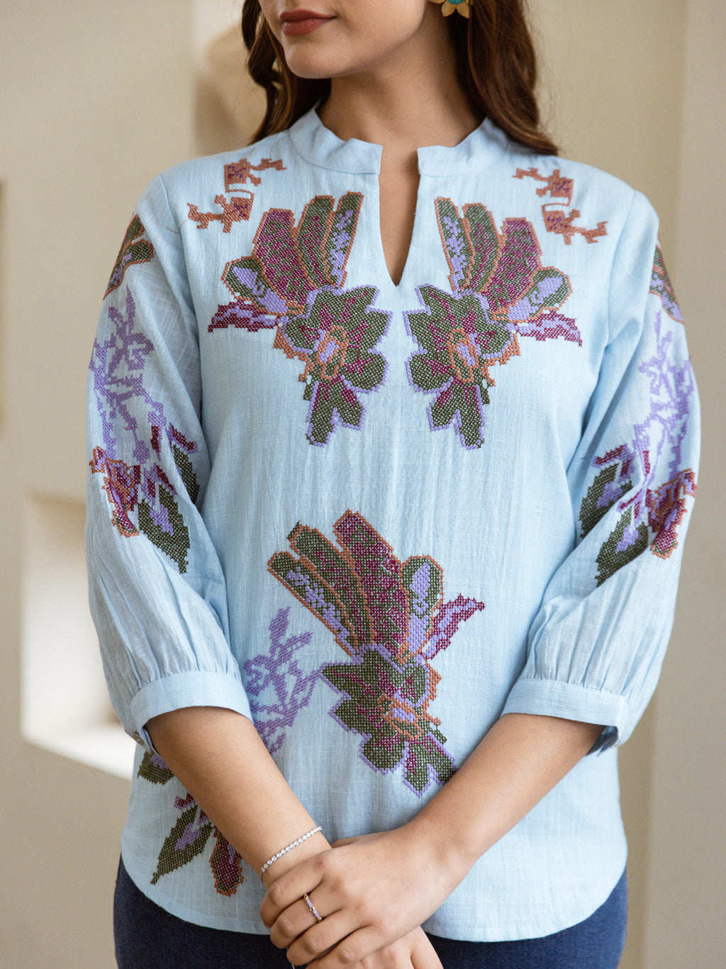 Hamsha Blue Embroidery Top