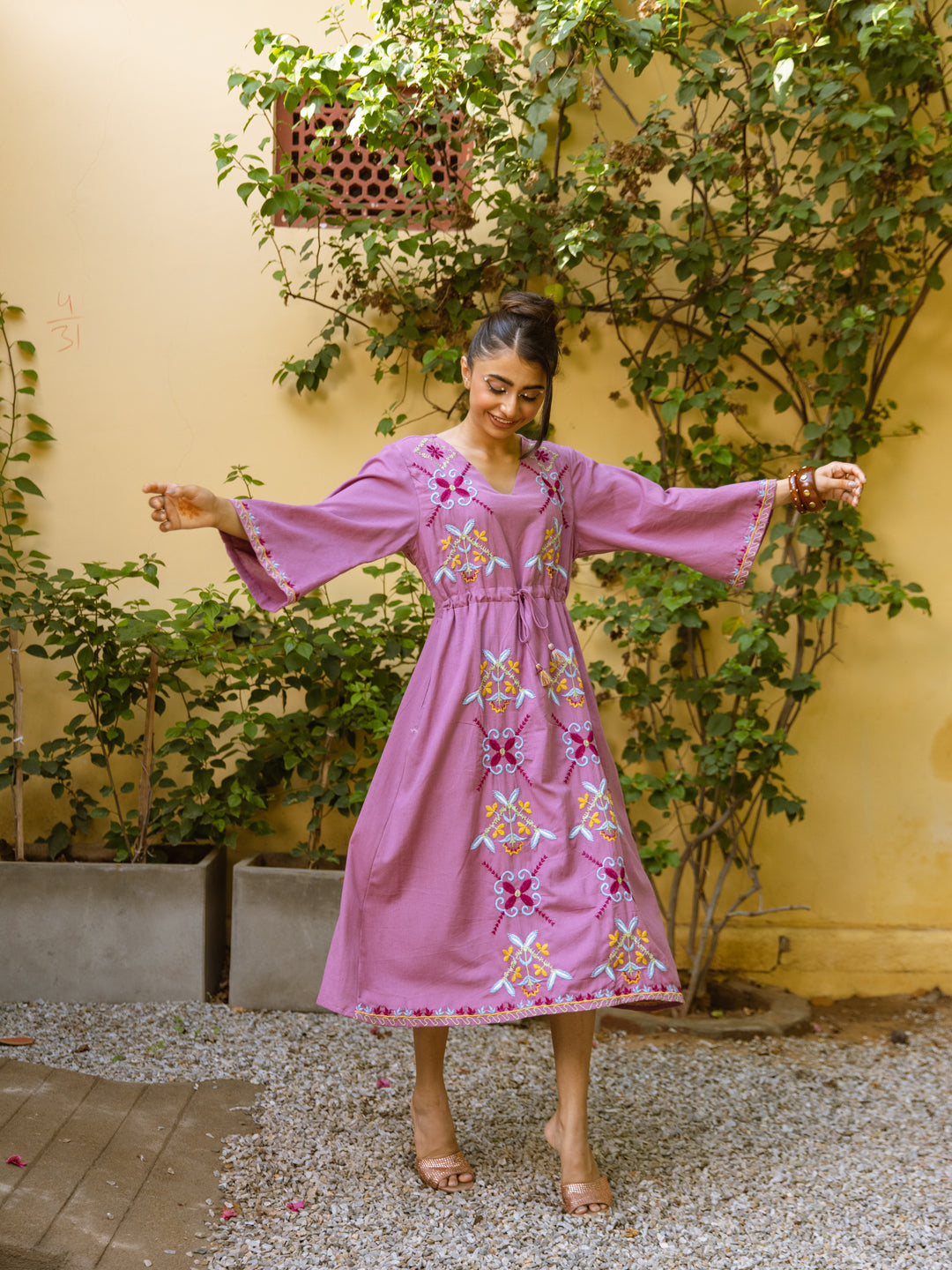 Parrot Pink Embroidery Dress