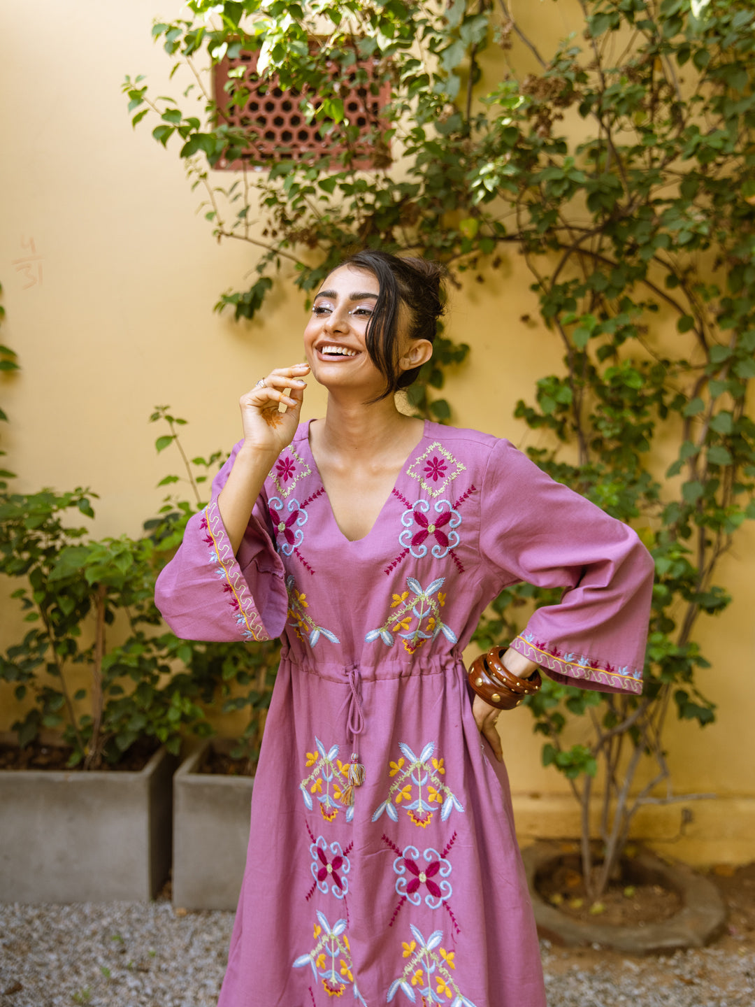 Parrot Pink Embroidery Dress