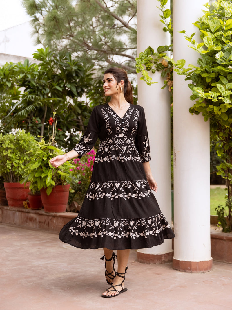 Morning glory black embroidery dress