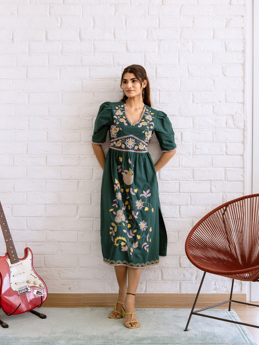 Rojana Teal Green Embroidery Dress