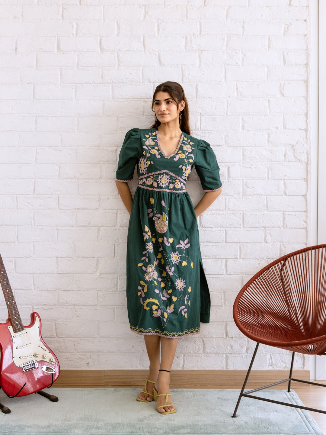 Rojana Teal Green Embroidery Dress