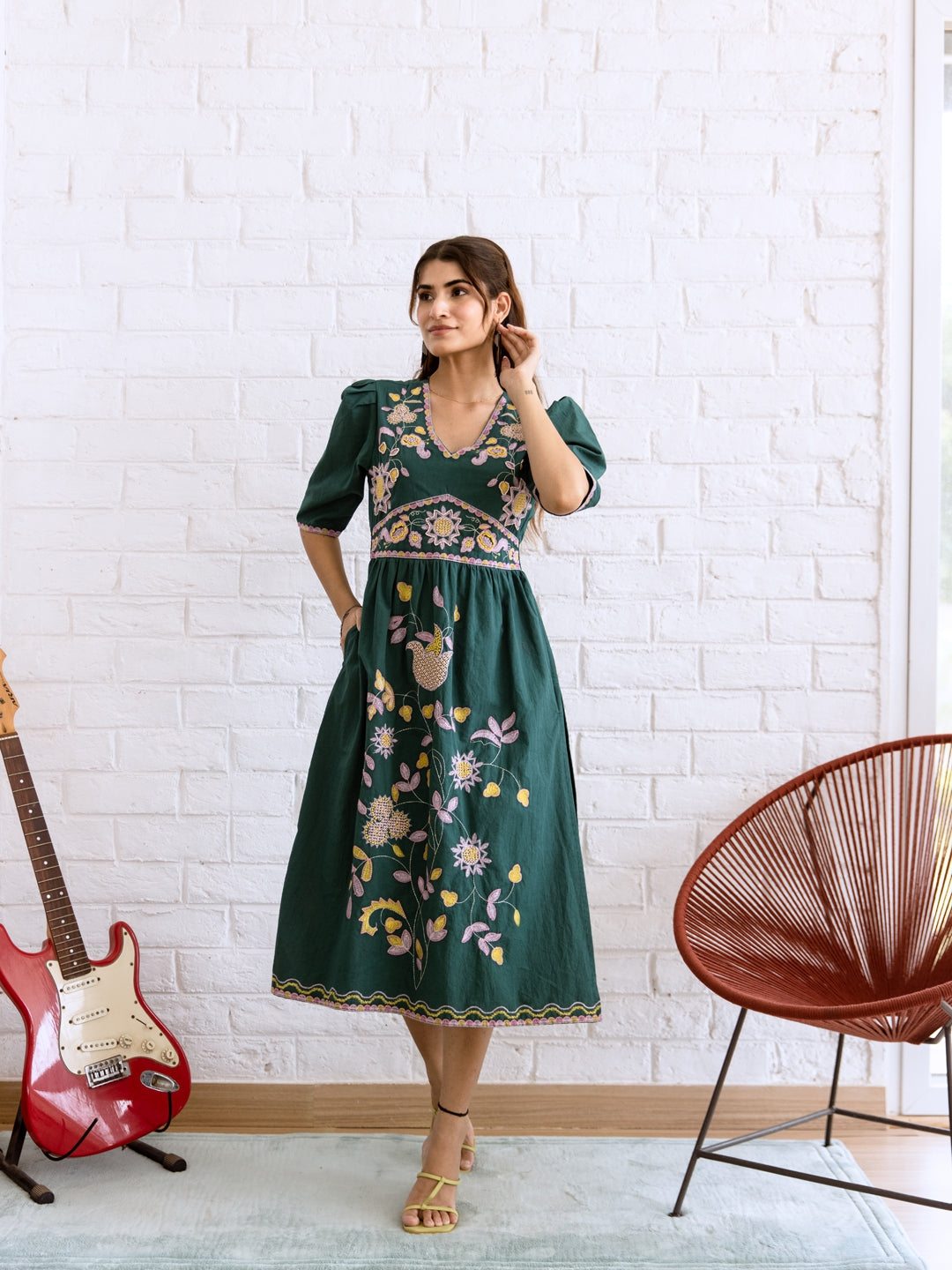 Rojana Teal Green Embroidery Dress