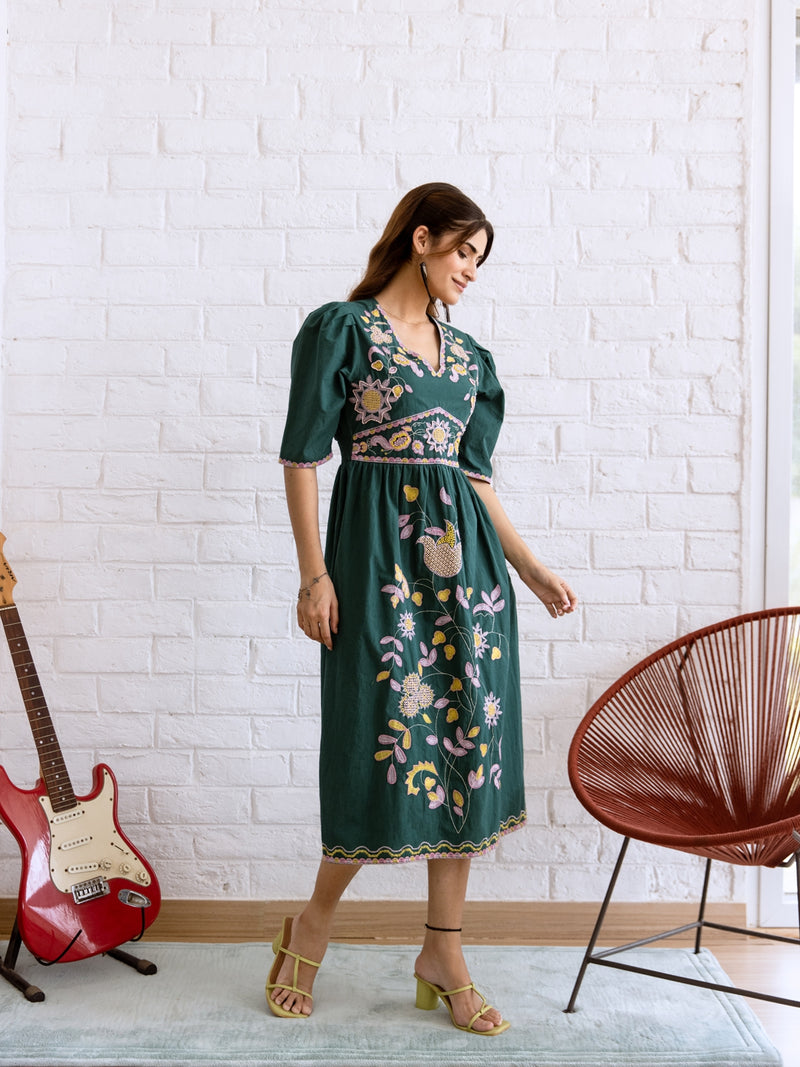 Rojana teal embroidery dress