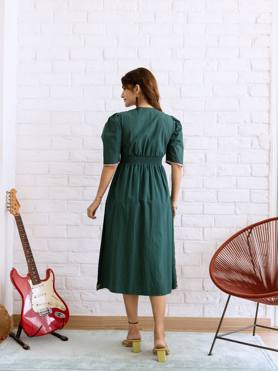 Rojana Teal Green Embroidery Dress
