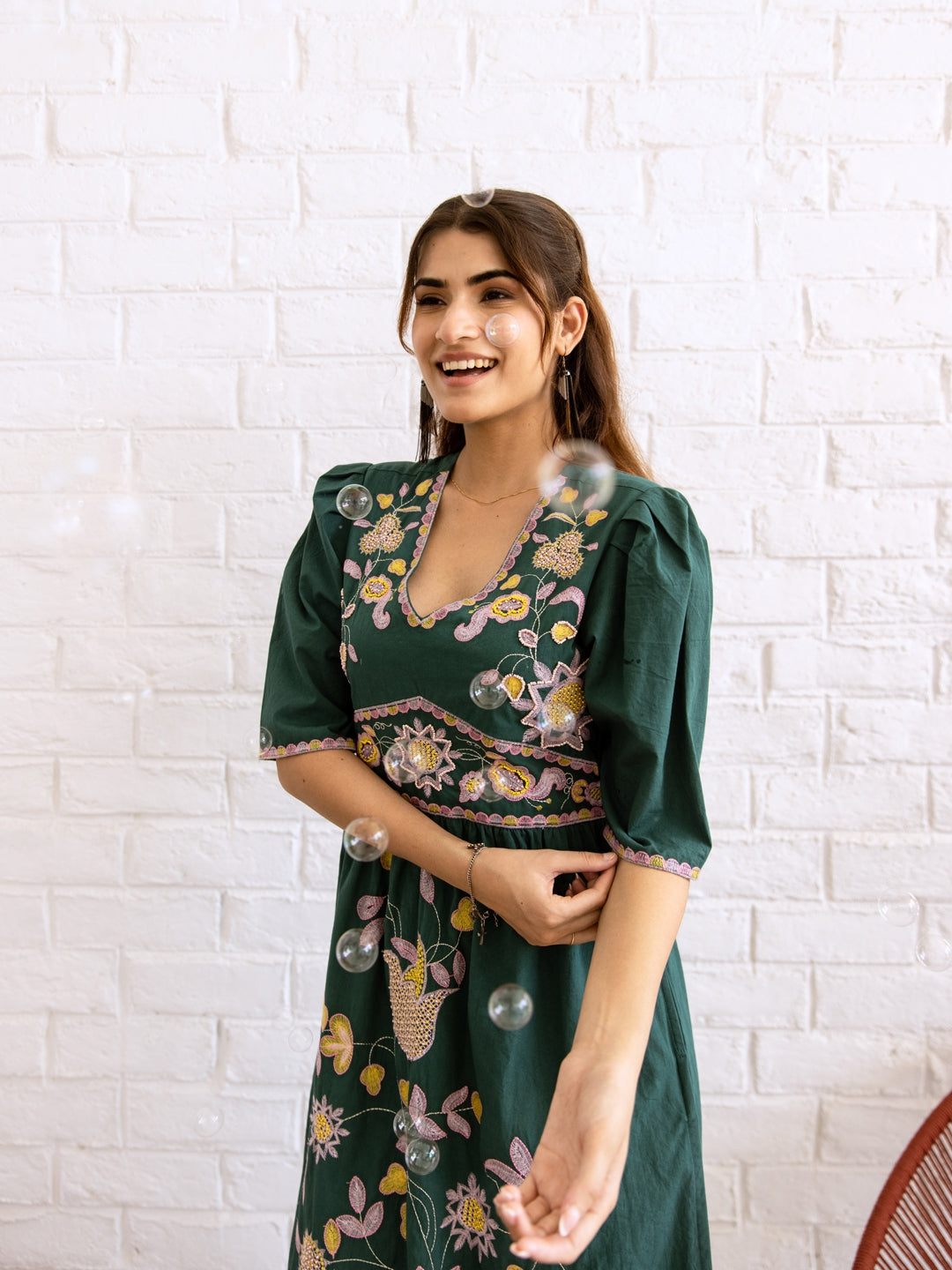 Rojana Teal Green Embroidery Dress