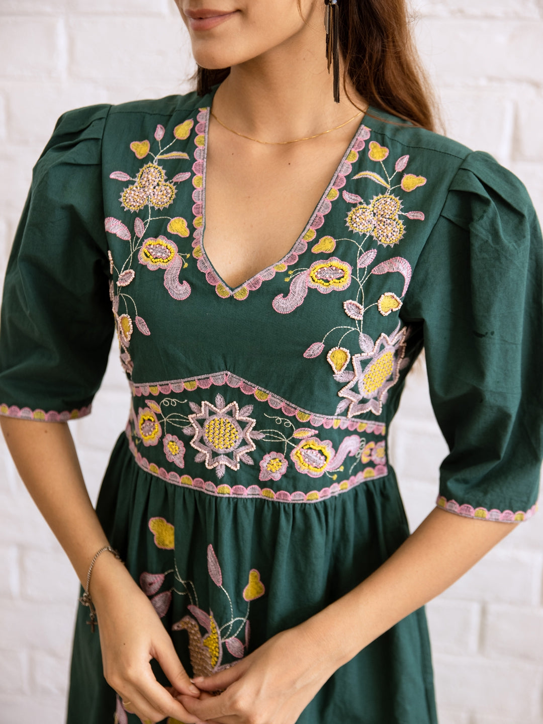 Rojana Teal Green Embroidery Dress