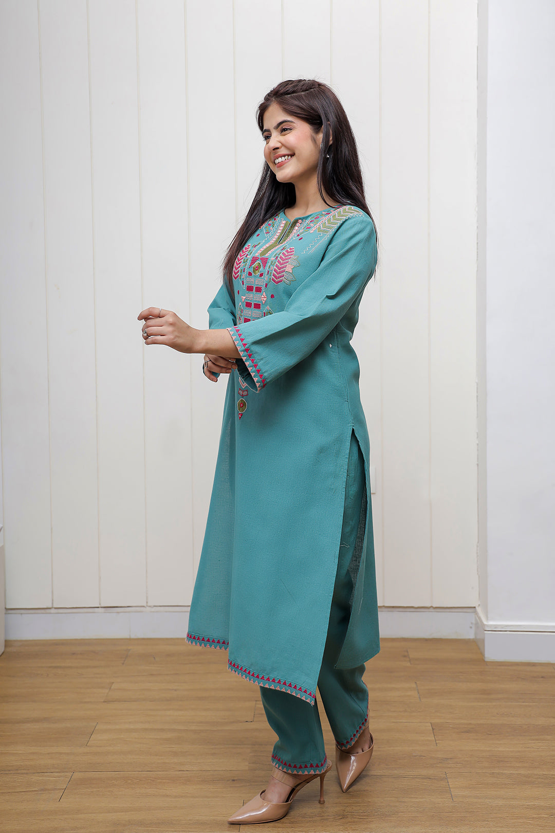 Madhuri Teal Green Embroidery Kurta set