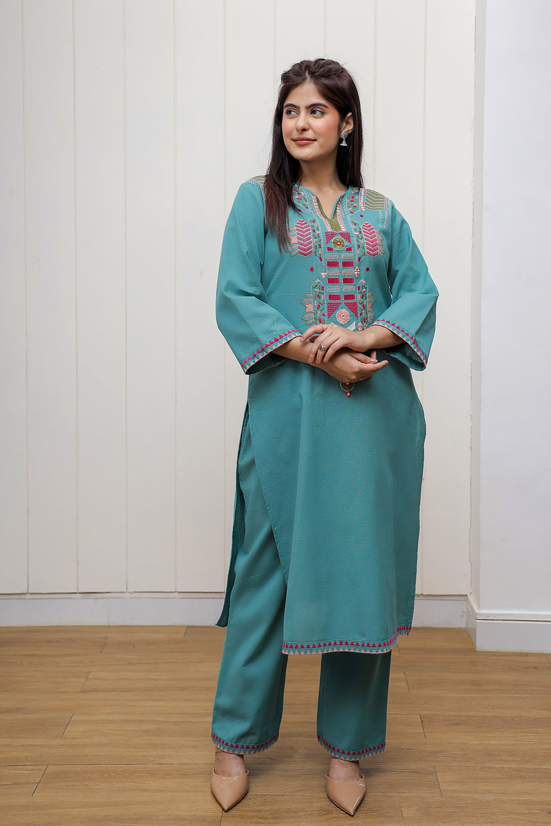 Madhuri Teal Green Embroidery Kurta set