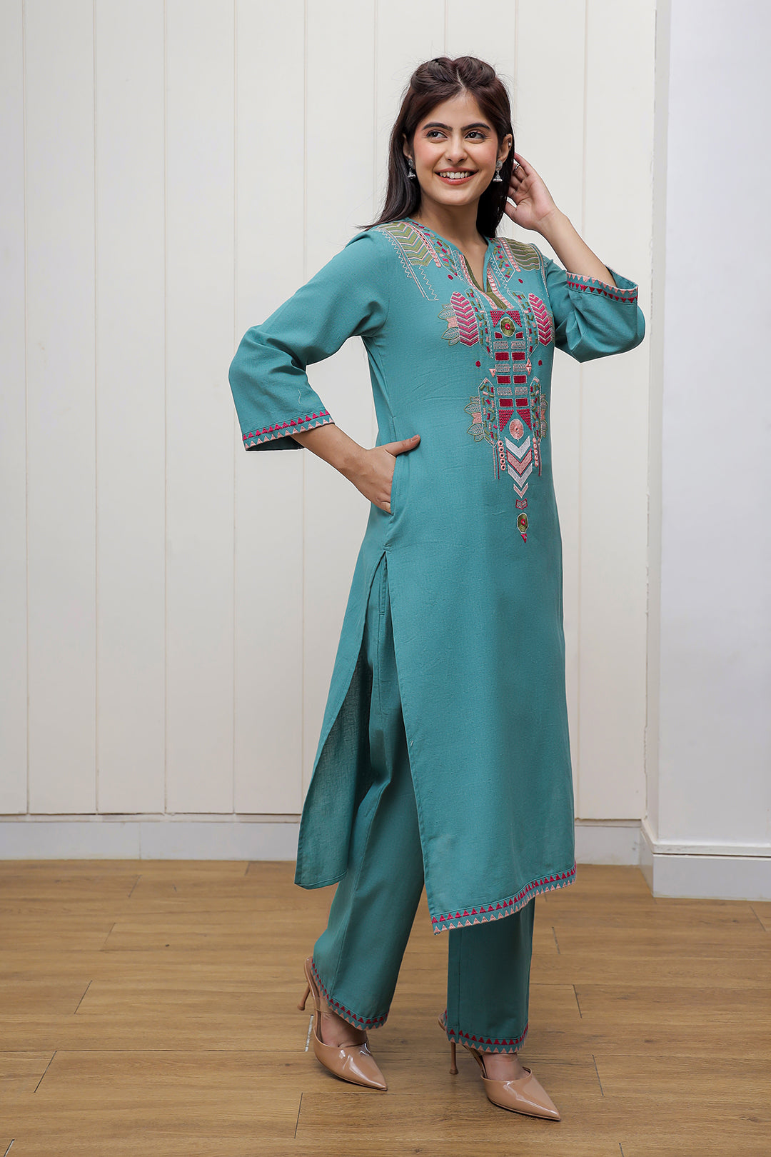 Madhuri Teal Green Embroidery Kurta set