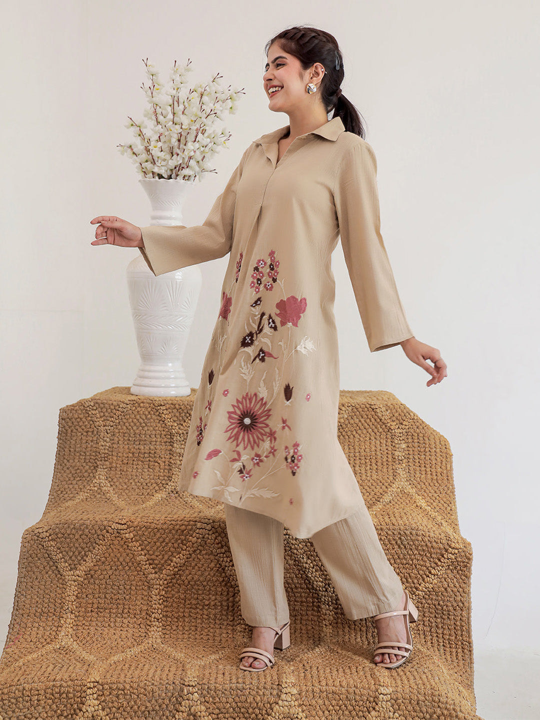 Suri Beige Embroidery Kurta Set