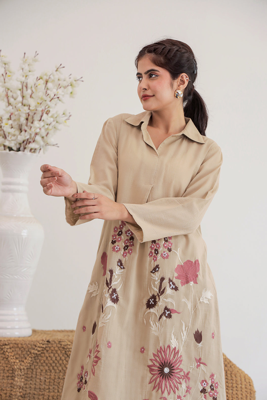 Suri Beige Embroidery Kurta Set