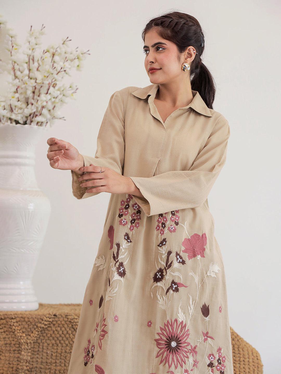 Suri Beige Embroidery Kurta Set