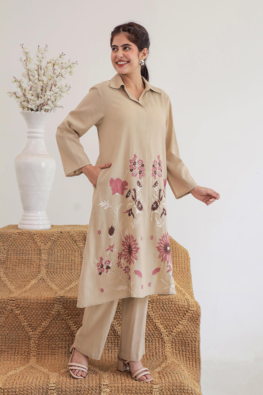 Suri Beige Embroidery Kurta Set