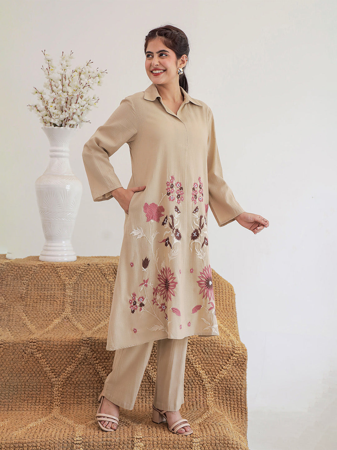 Suri Beige Embroidery Kurta Set