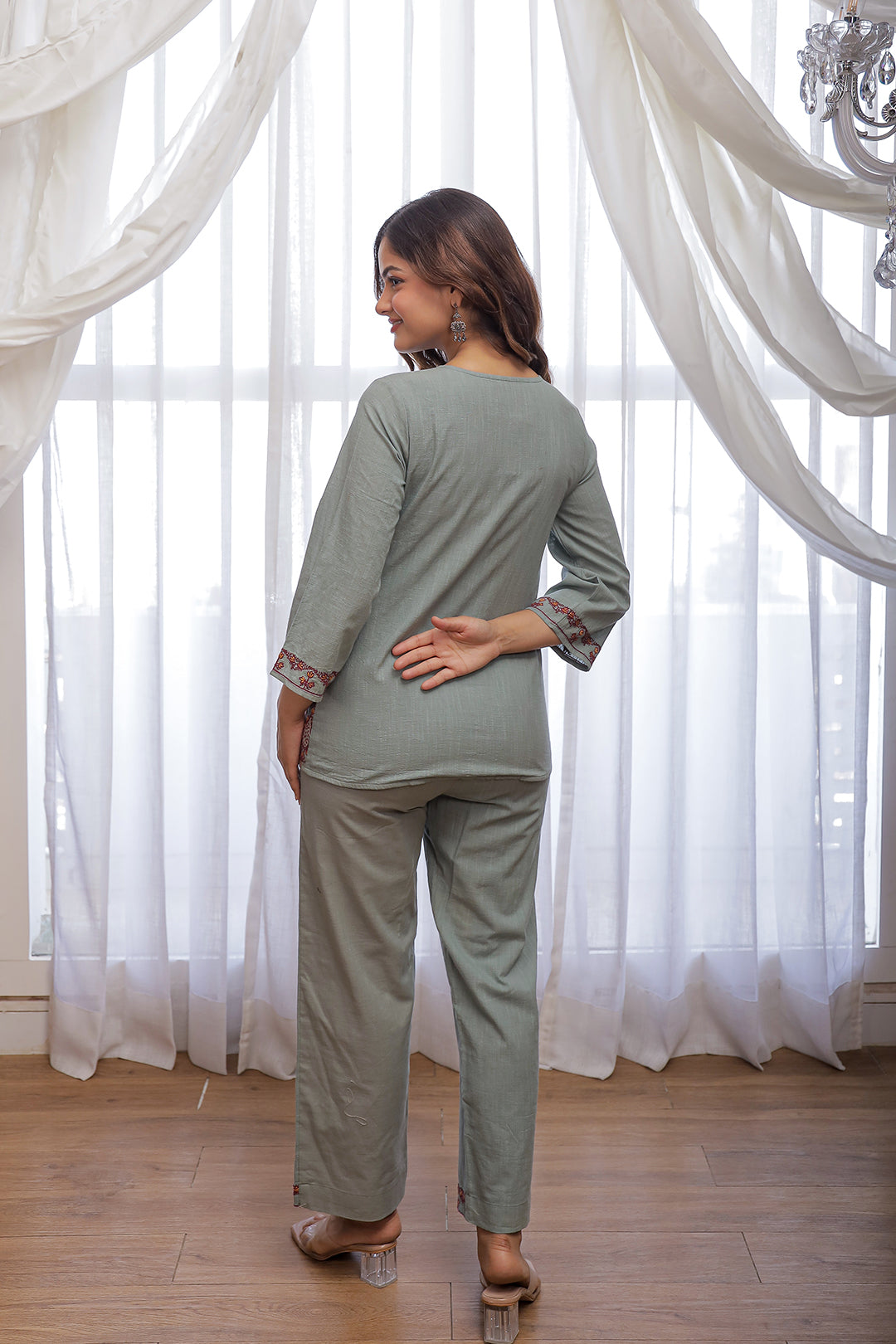 Nancy teal green embroidery co-ord set