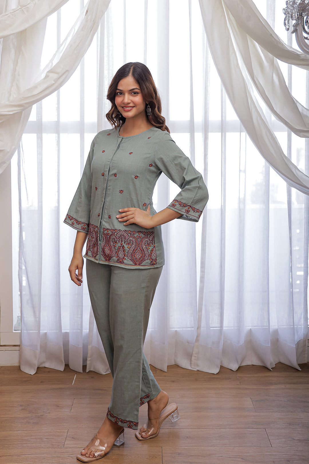 Nancy teal green embroidery co-ord set