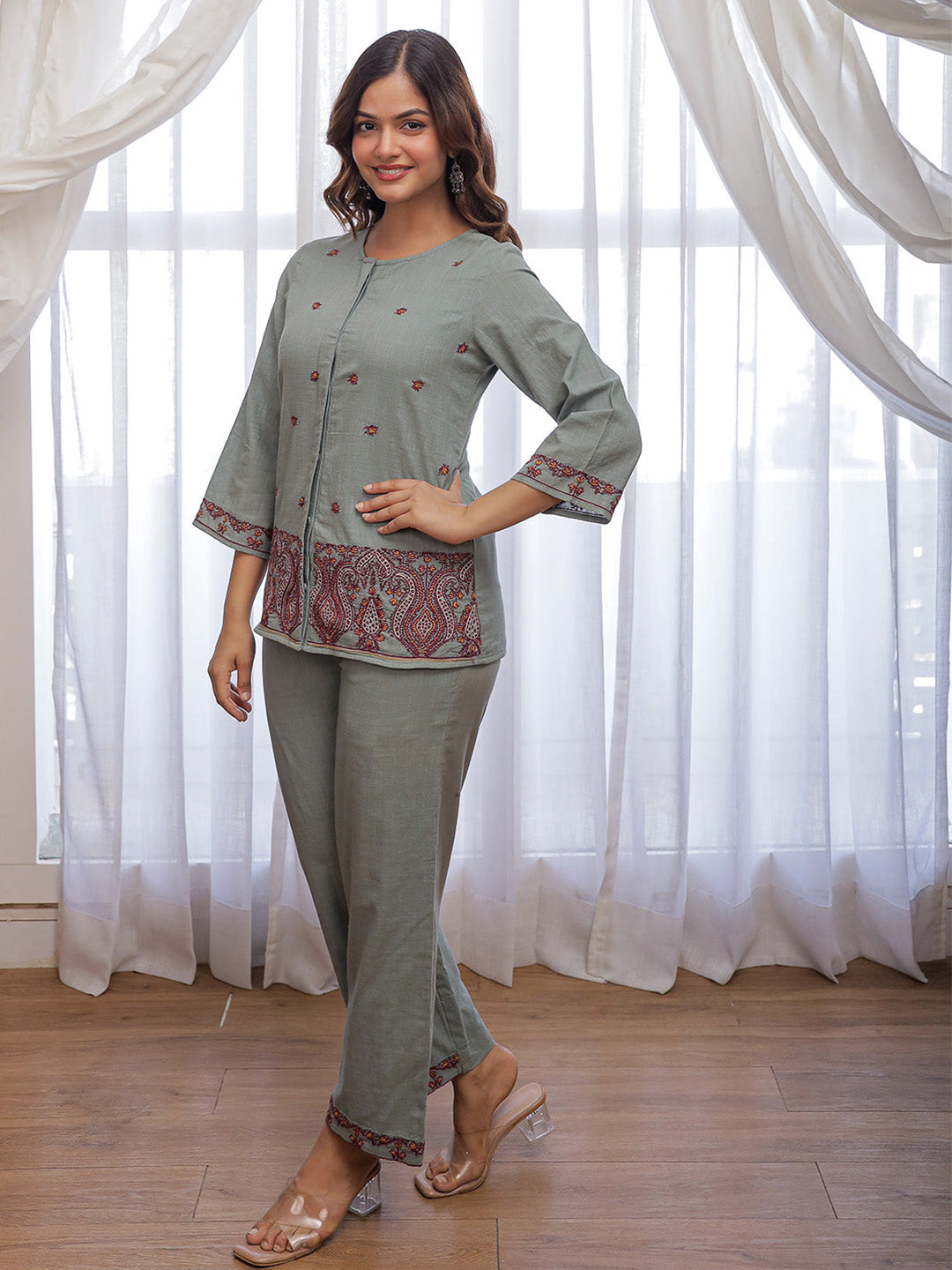 Nancy Teal Green Embroidery Co-ord set