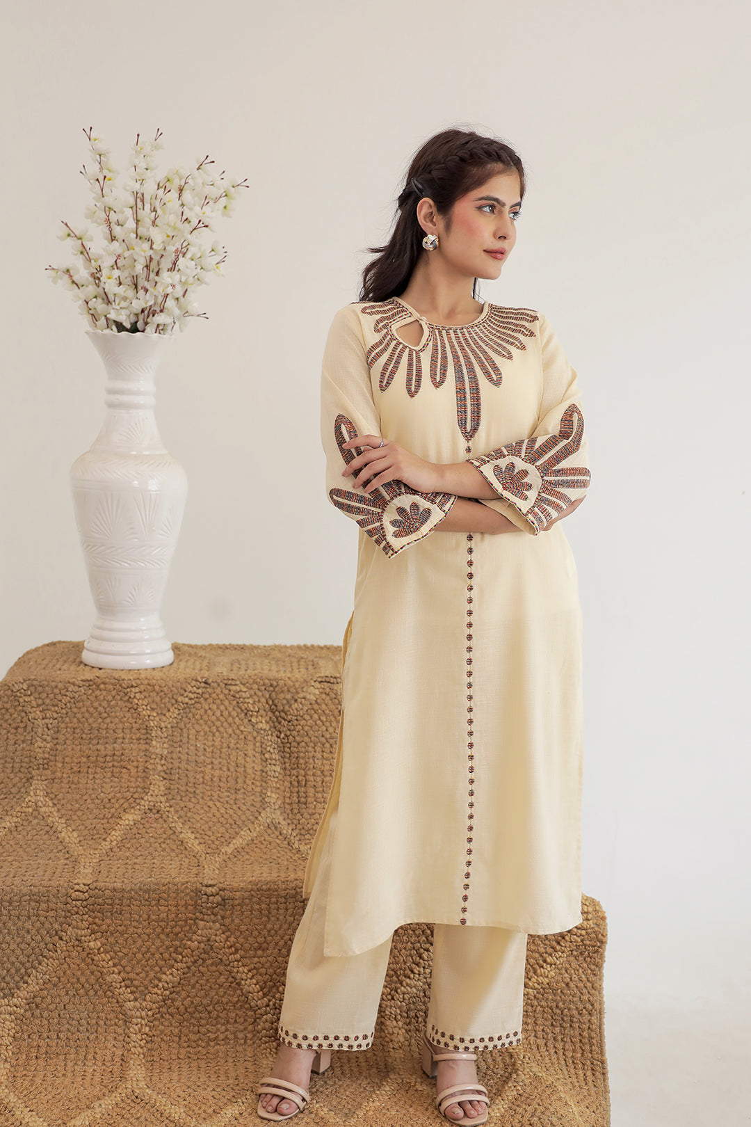 Pink Beauty Beige Embroidery Kurta Set