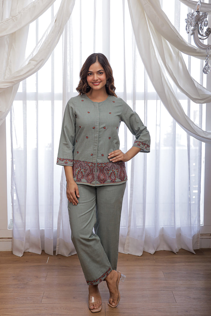 Nancy teal green embroidery co-ord set