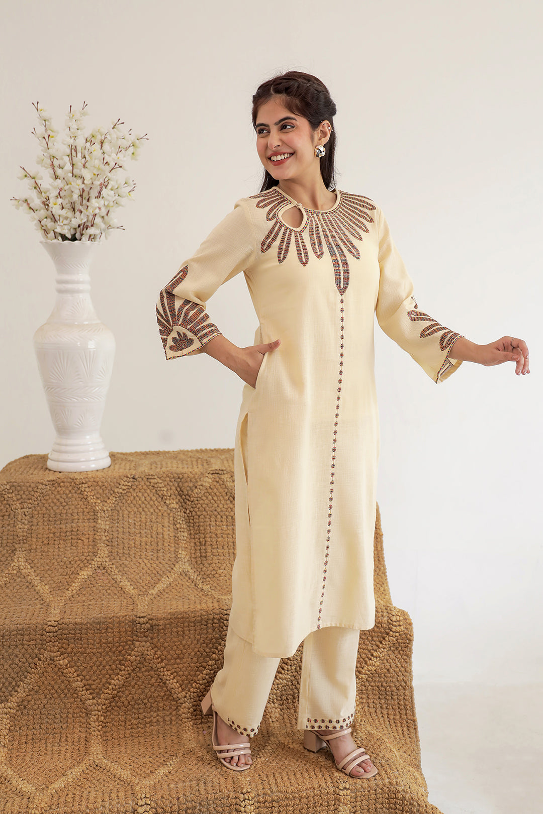 Pink Beauty Beige Embroidery Kurta Set