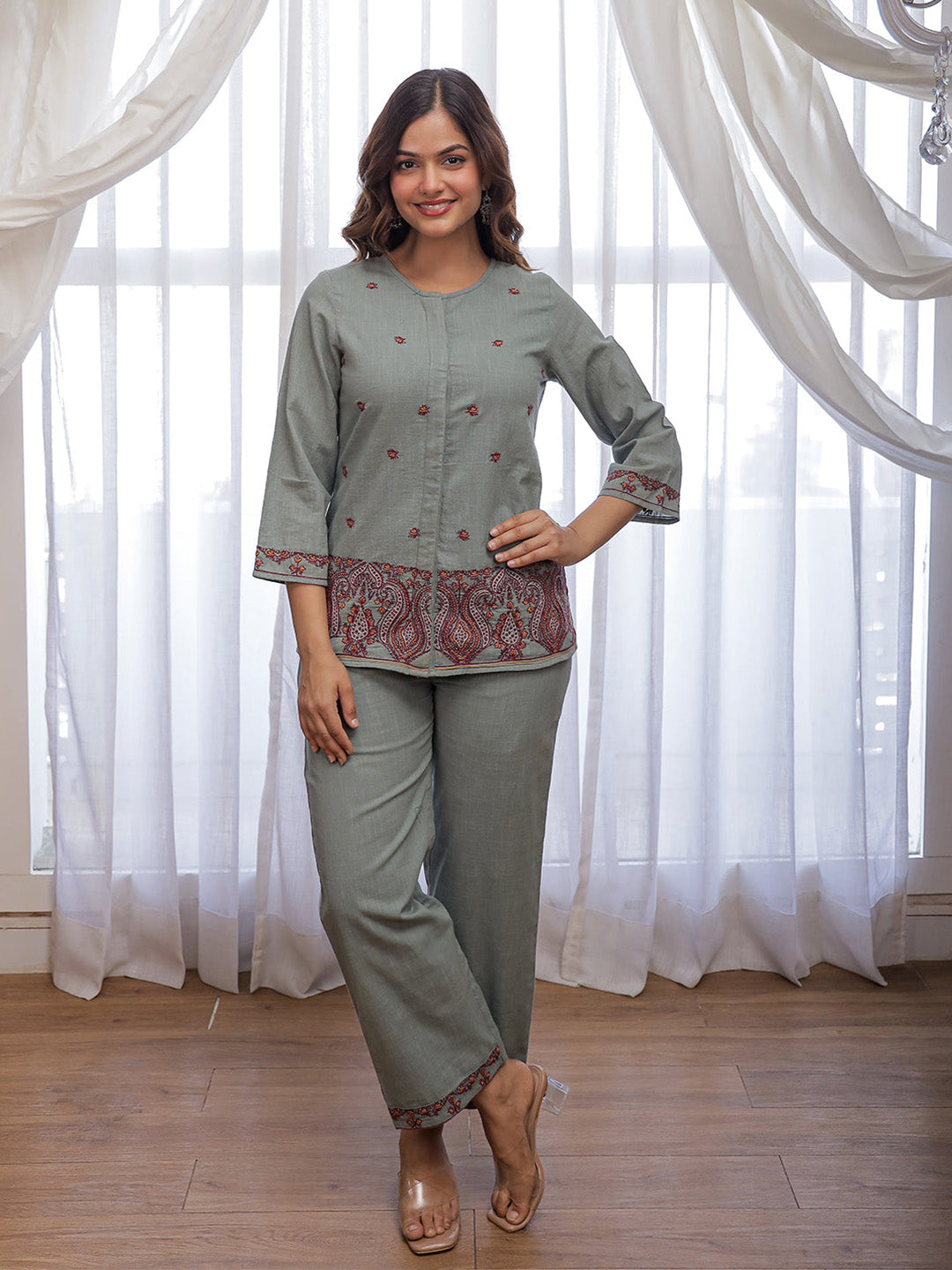 Nancy Teal Green Embroidery Co-ord set