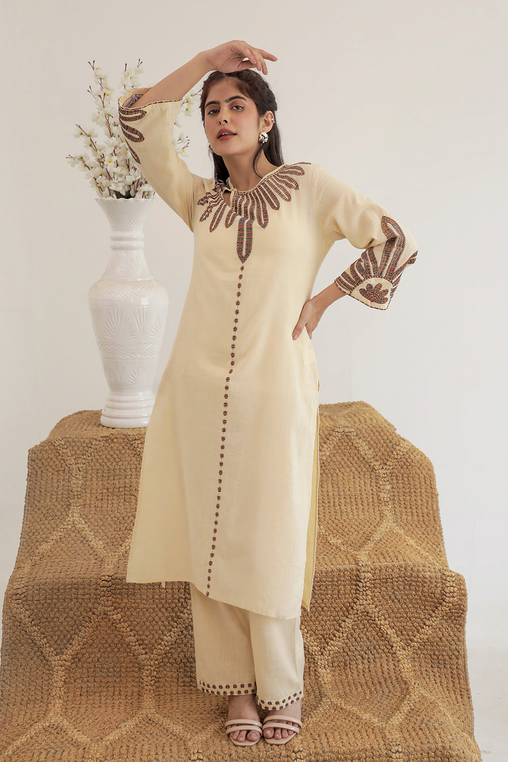 Pink Beauty Beige Embroidery Kurta Set