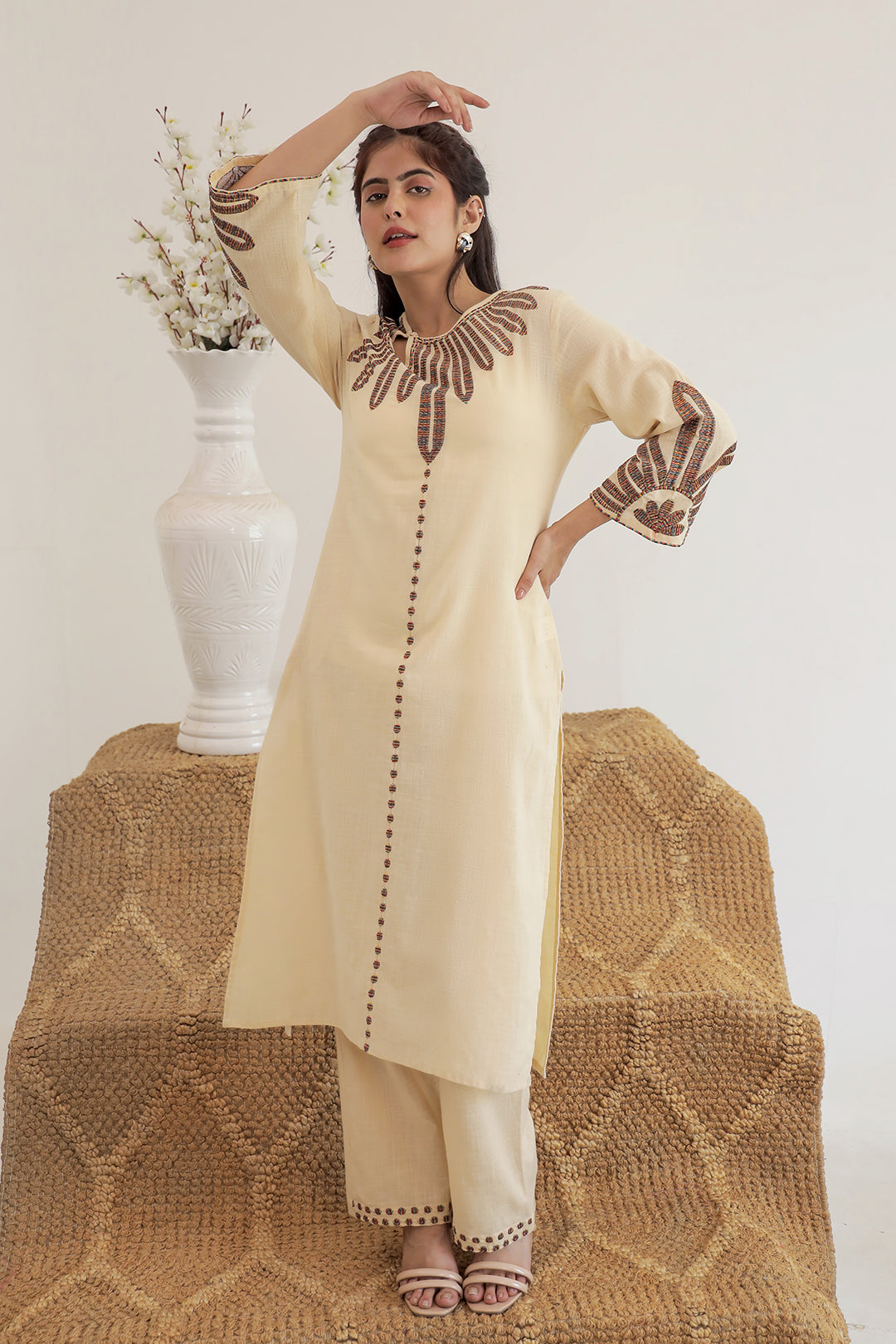 Pink Beauty Beige Embroidery Kurta Set