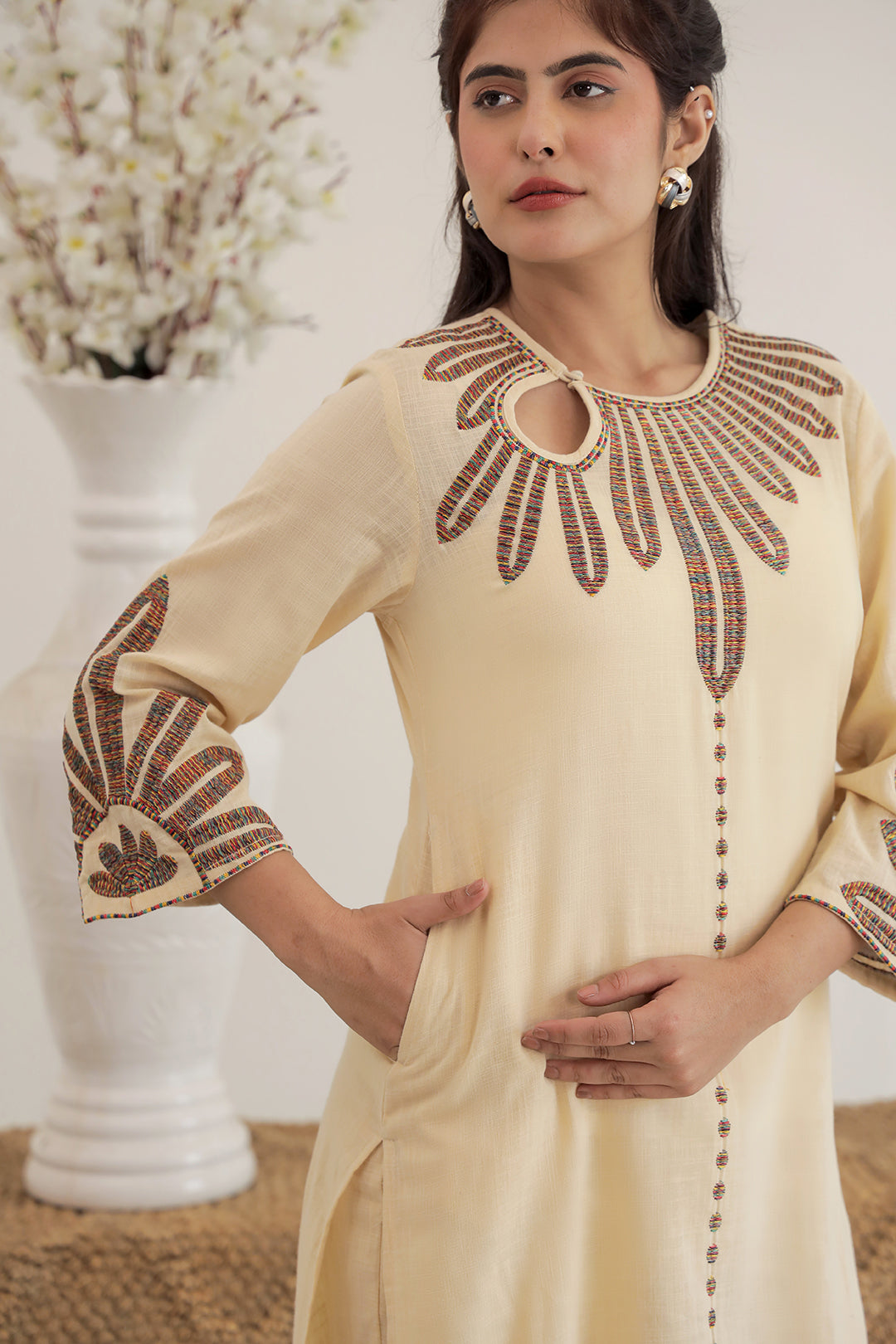 Pink Beauty Beige Embroidery Kurta Set