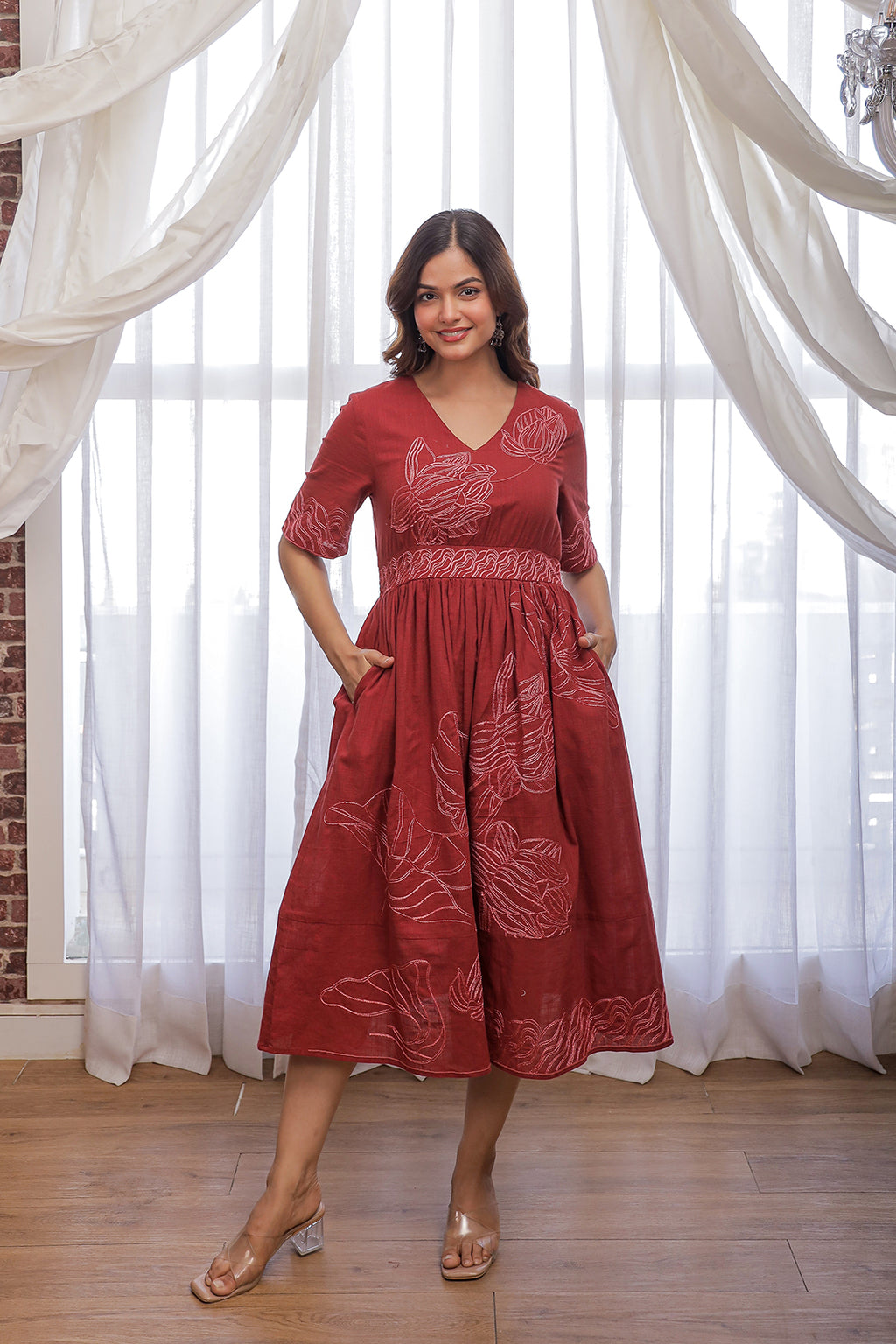 Filipa Marron Embroidery Dress