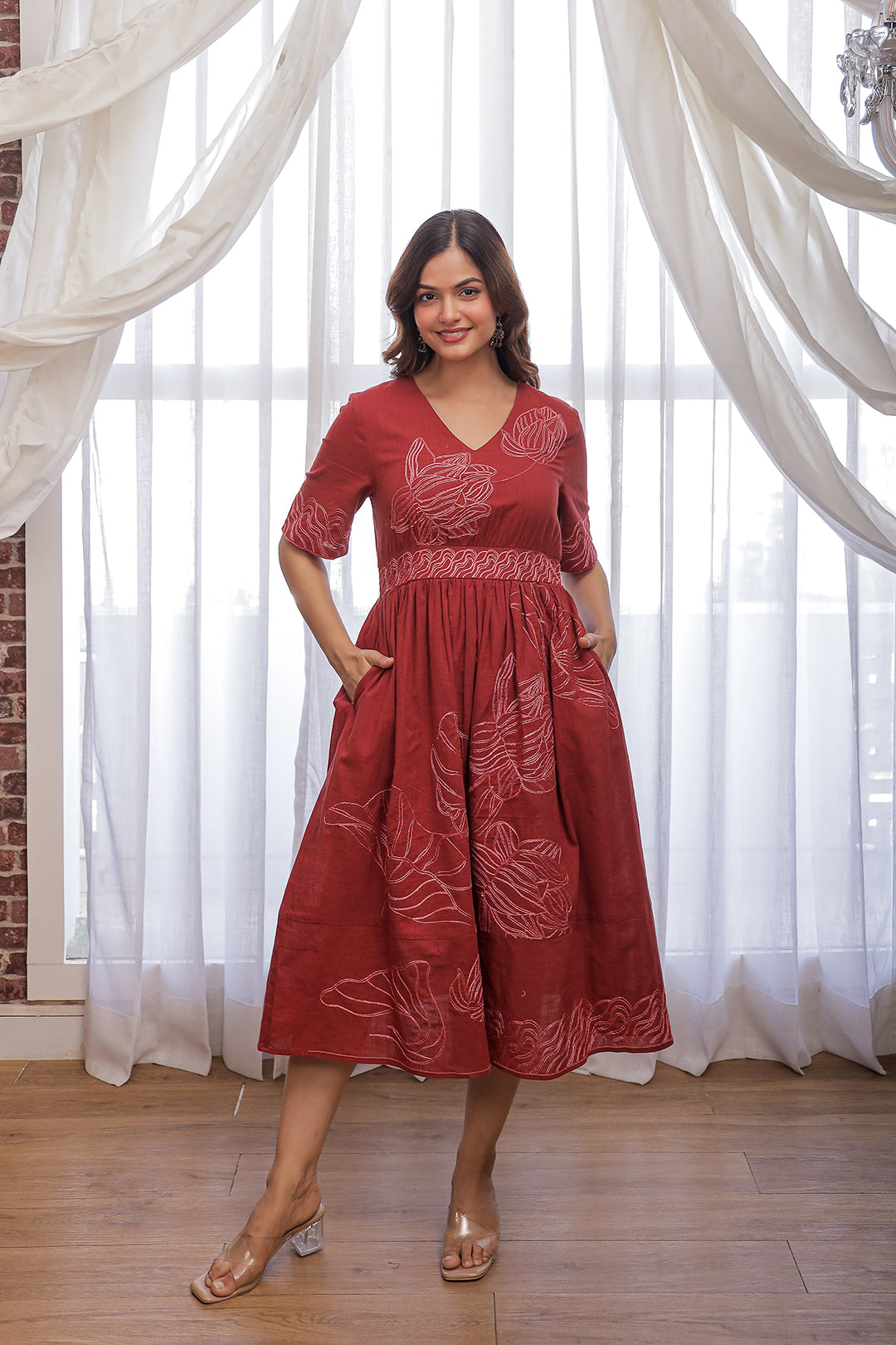 Filipa Marron Embroidery Dress
