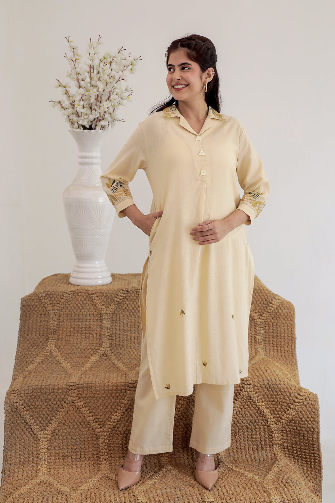 Royal  buttercream yellow Embroidery Kurta Set