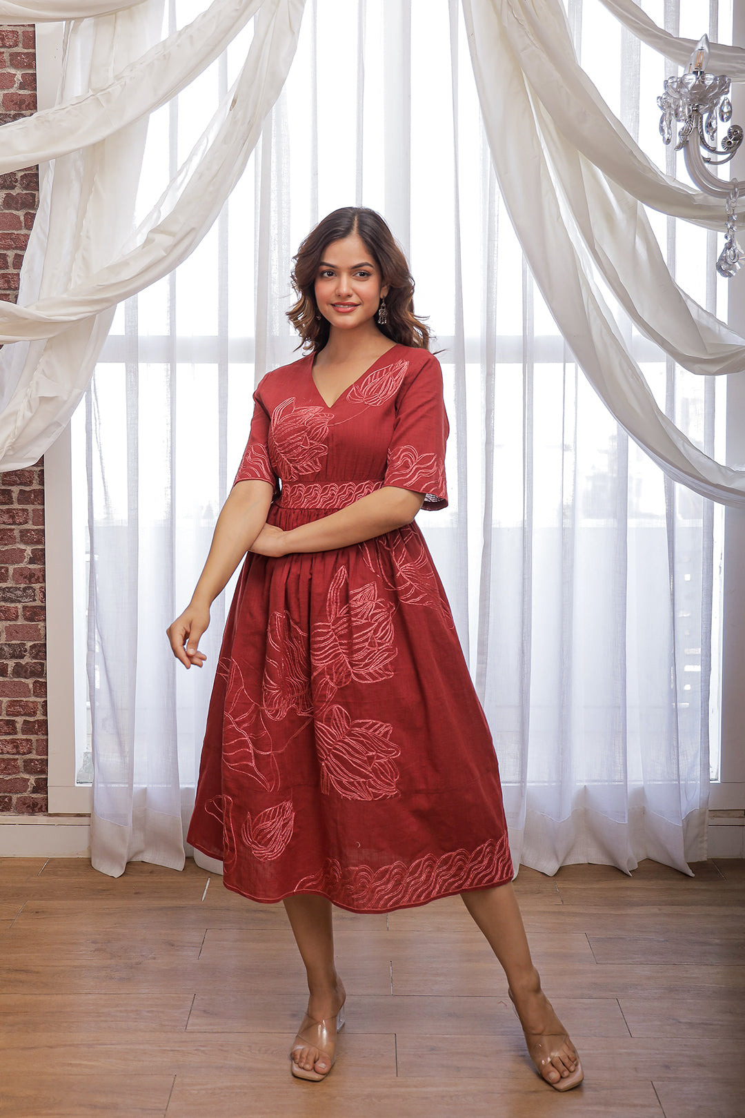 Filipa Marron Embroidery Dress