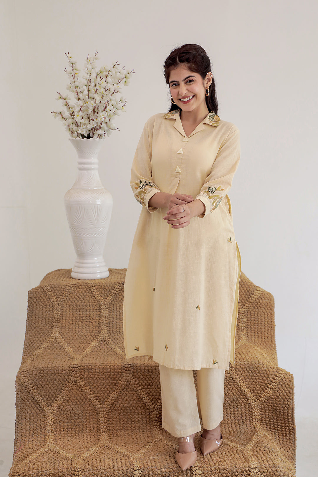Royal  buttercream yellow Embroidery Kurta Set