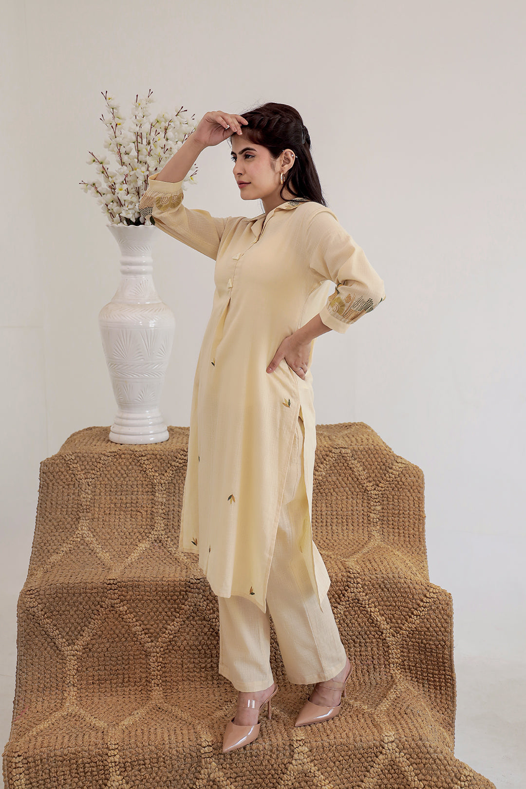 Royal  buttercream yellow Embroidery Kurta Set