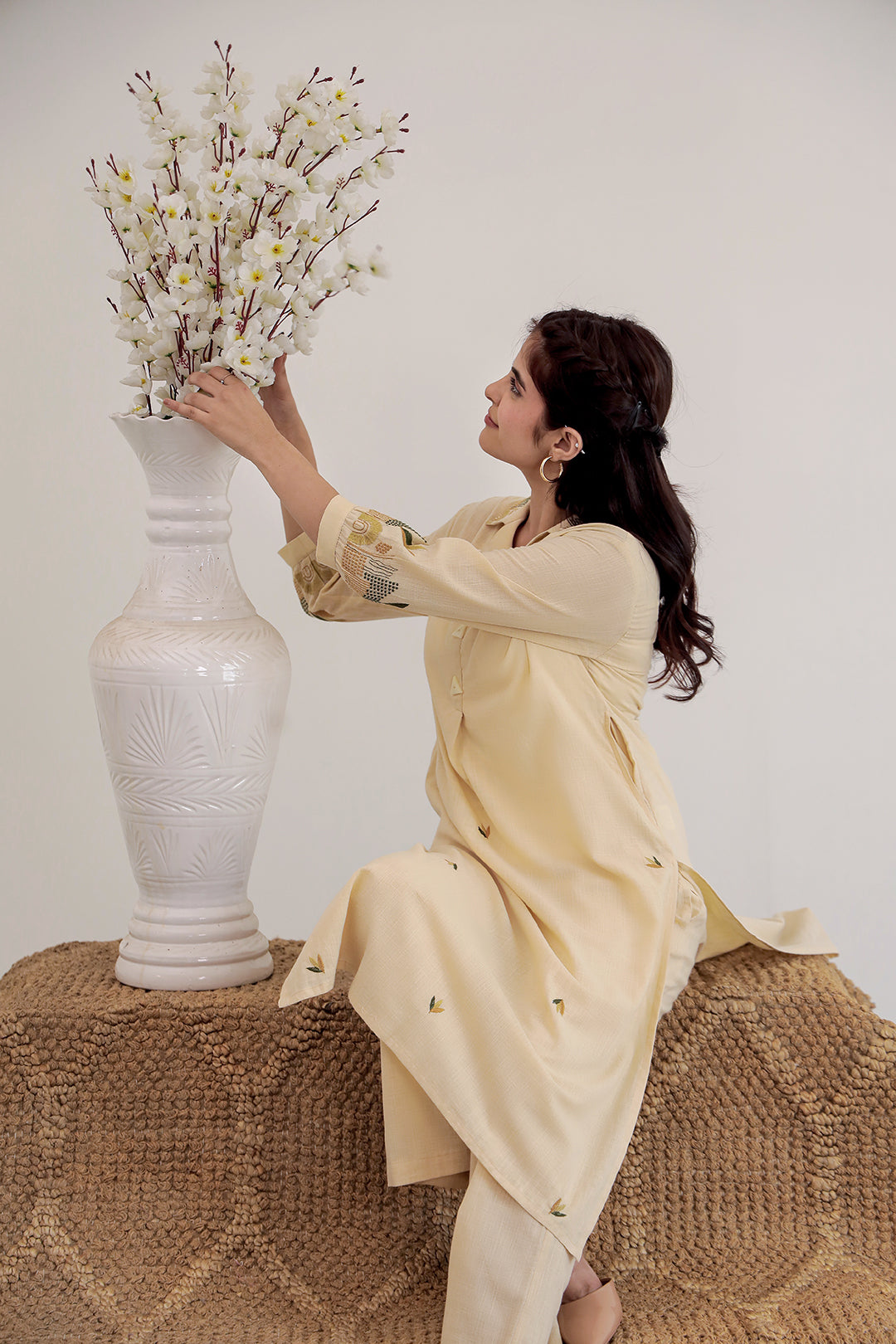 Royal  buttercream yellow Embroidery Kurta Set