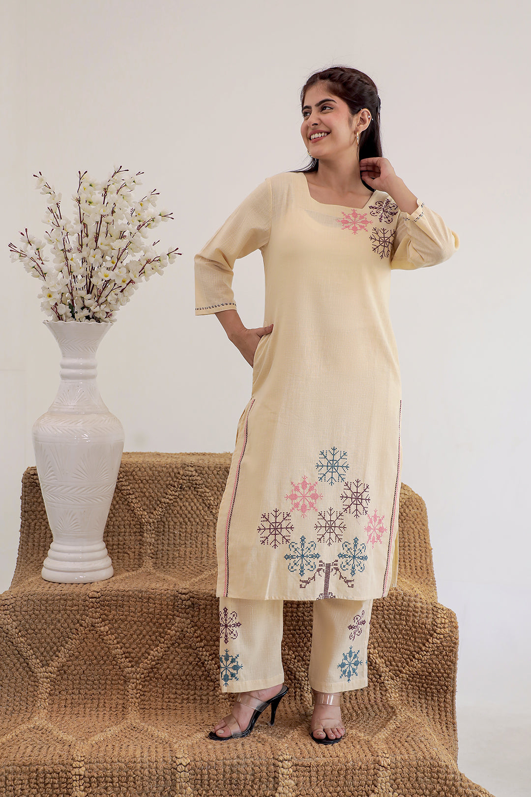 Thread Beauty Beige Embroidery Kurta Set