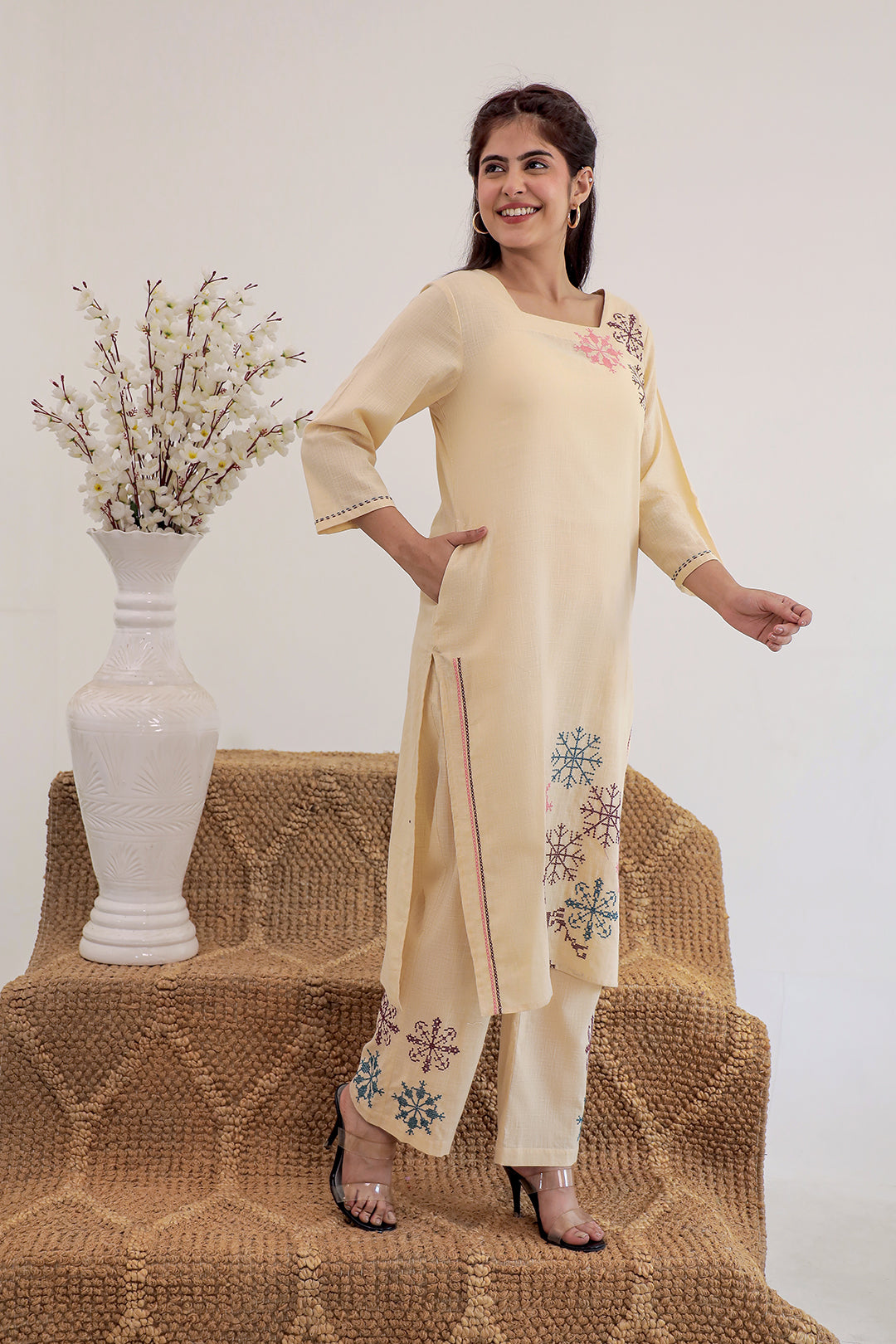 Thread Beauty Beige Embroidery Kurta Set