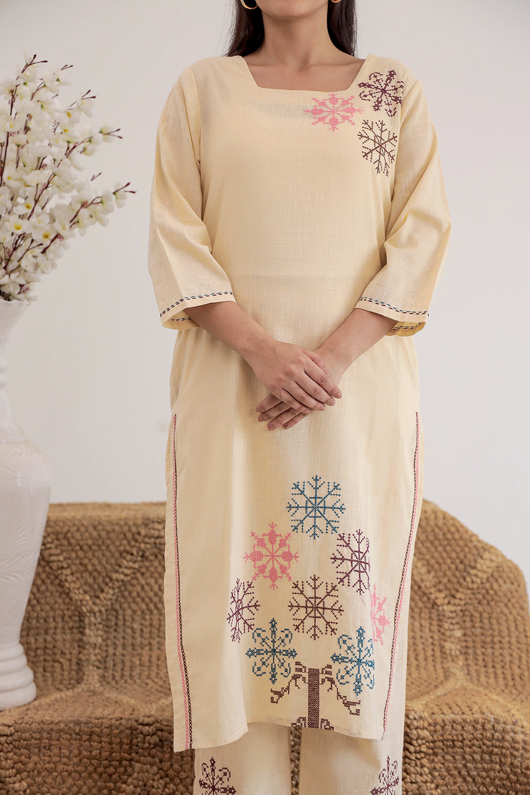 Thread Beauty Beige Embroidery Kurta Set