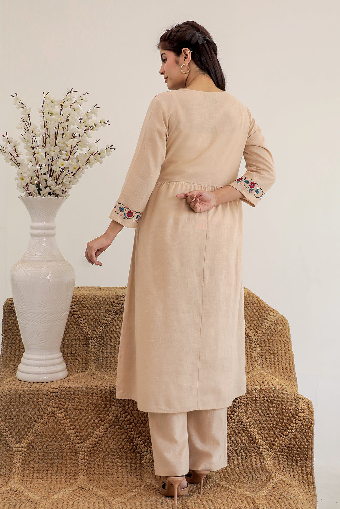 Anarkali Beige Embroidery Kurta Set