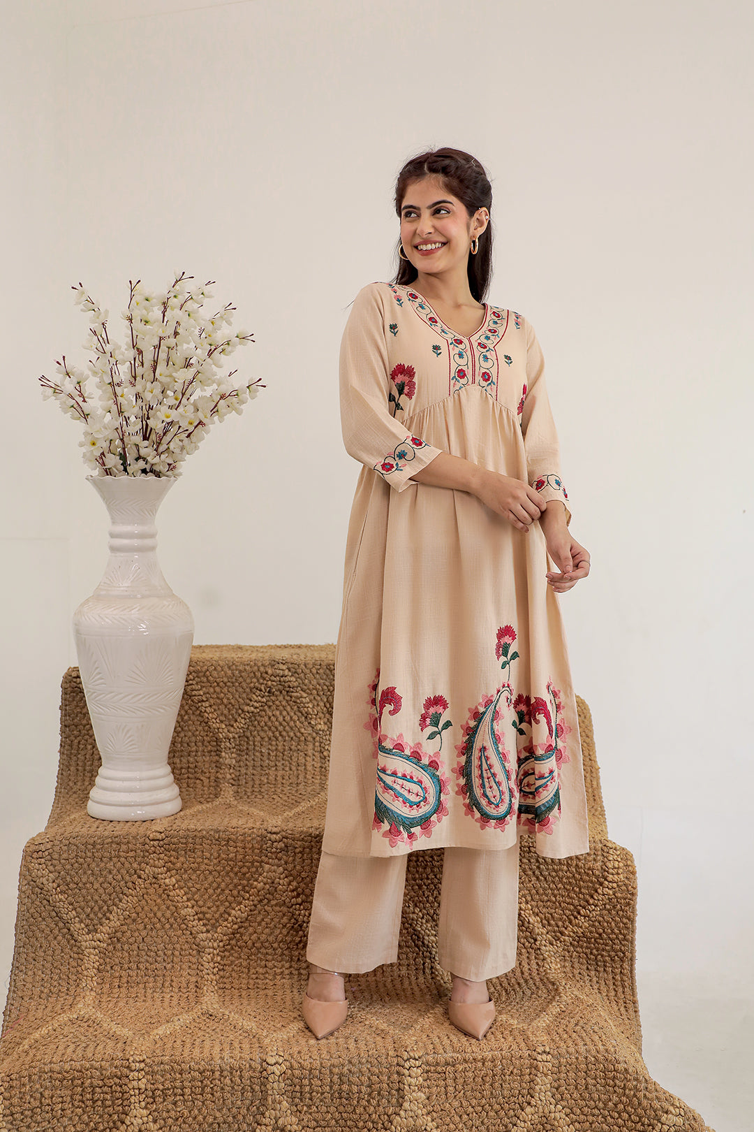 Anarkali Beige Embroidery Kurta Set