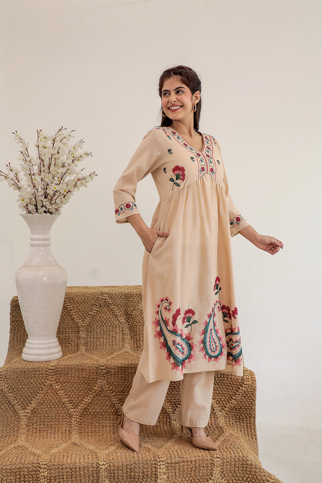 Anarkali Beige Embroidery Kurta Set