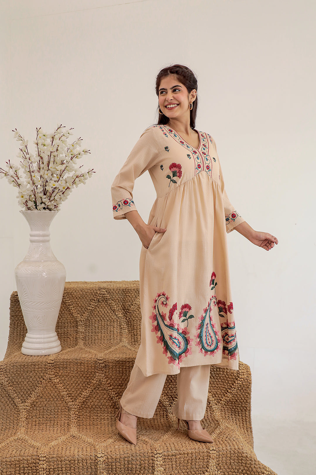 Anarkali Beige Embroidery Kurta Set