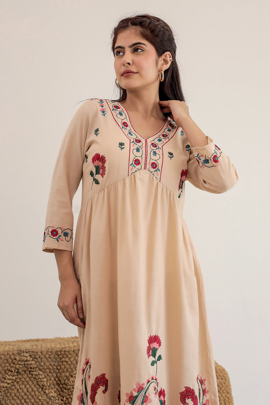 Anarkali Beige Embroidery Kurta Set