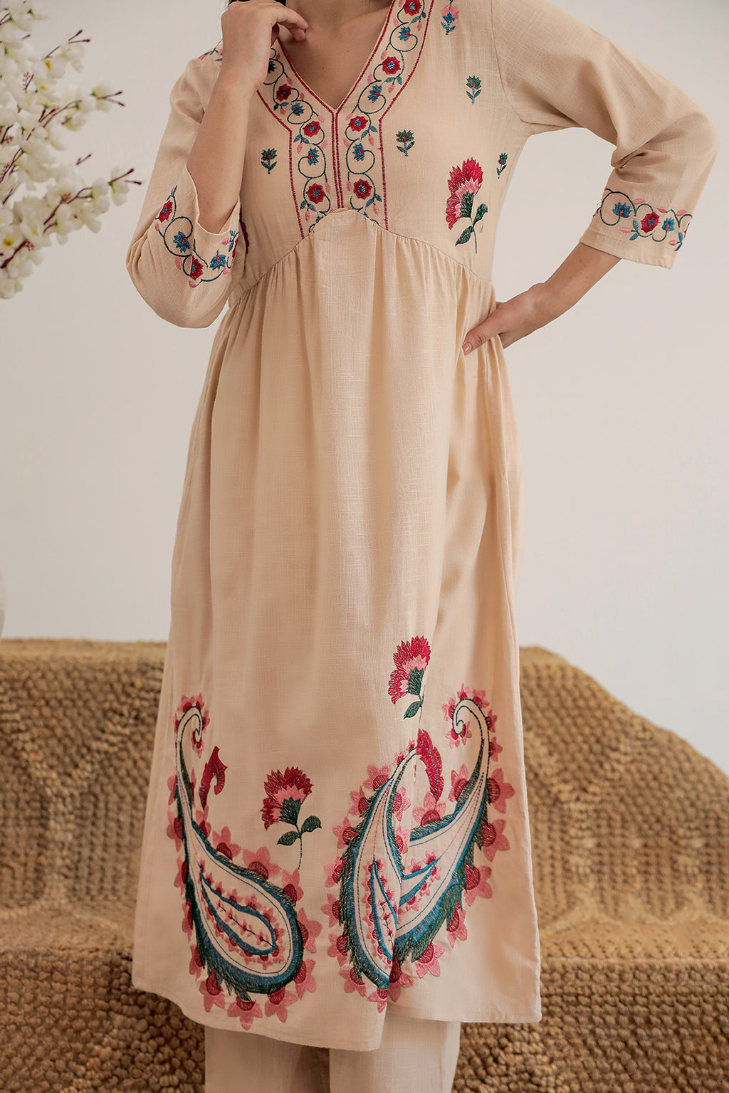 Anarkali Beige Embroidery Kurta Set