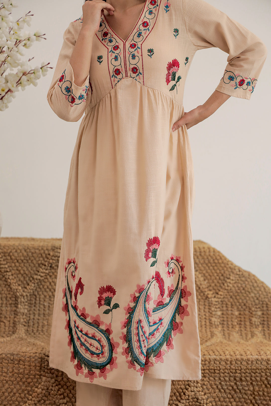 Anarkali Beige Embroidery Kurta Set